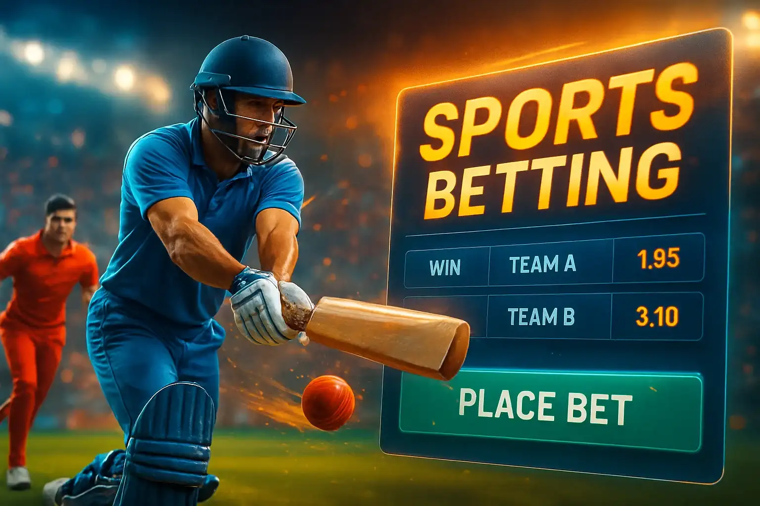 Sports betting banner with cricket action, stadium crowd, and interface overlay