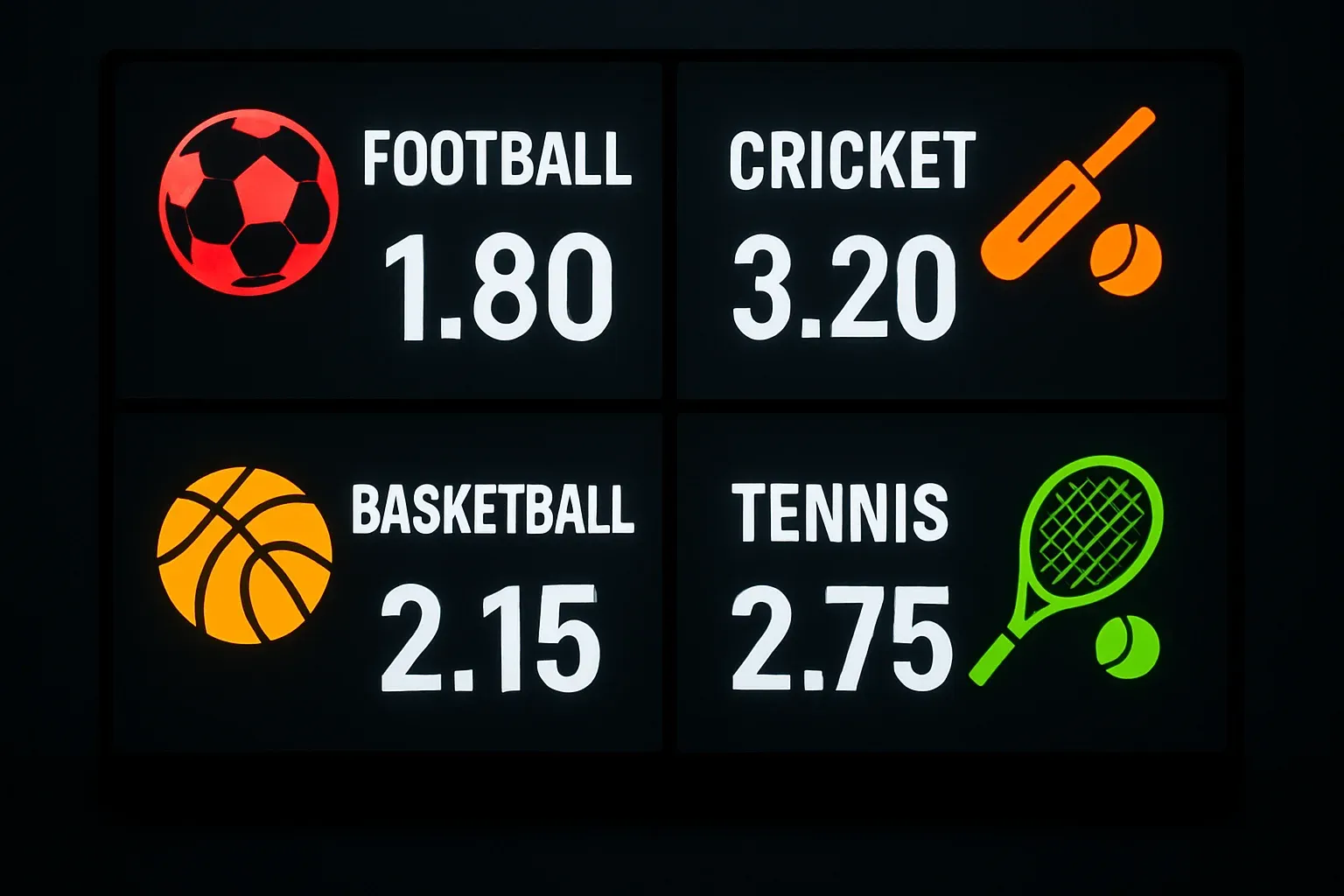 Sports betting markets display with football cricket basketball tennis icons and odds