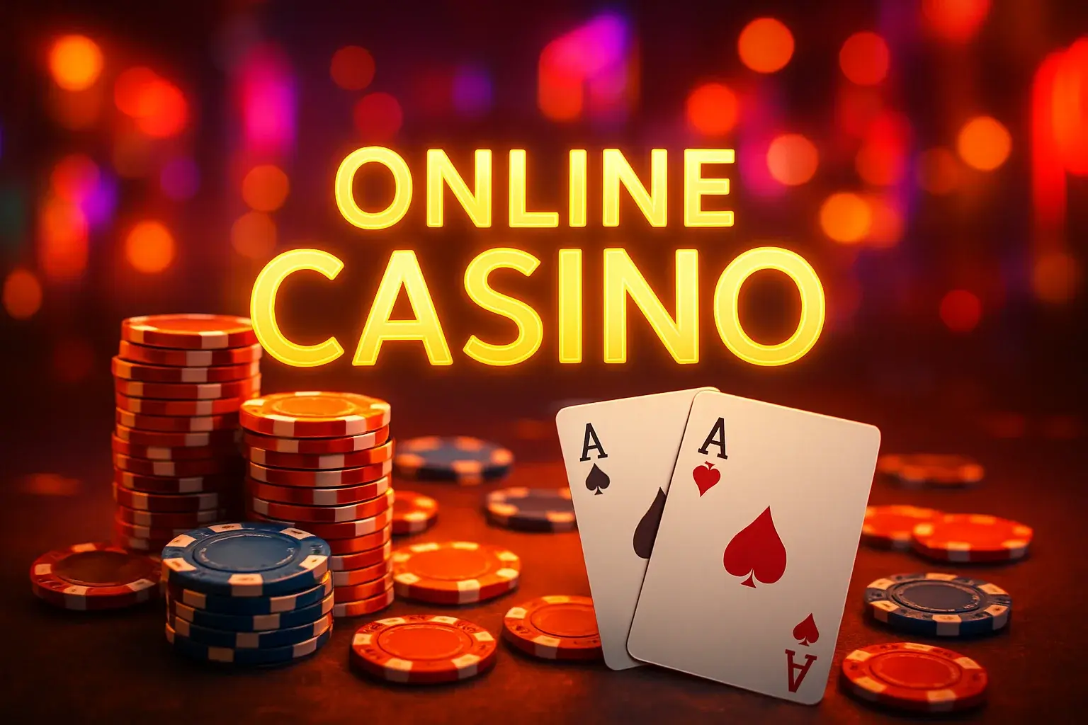 Luxury online casino hero banner with neon lights, chips and cards
