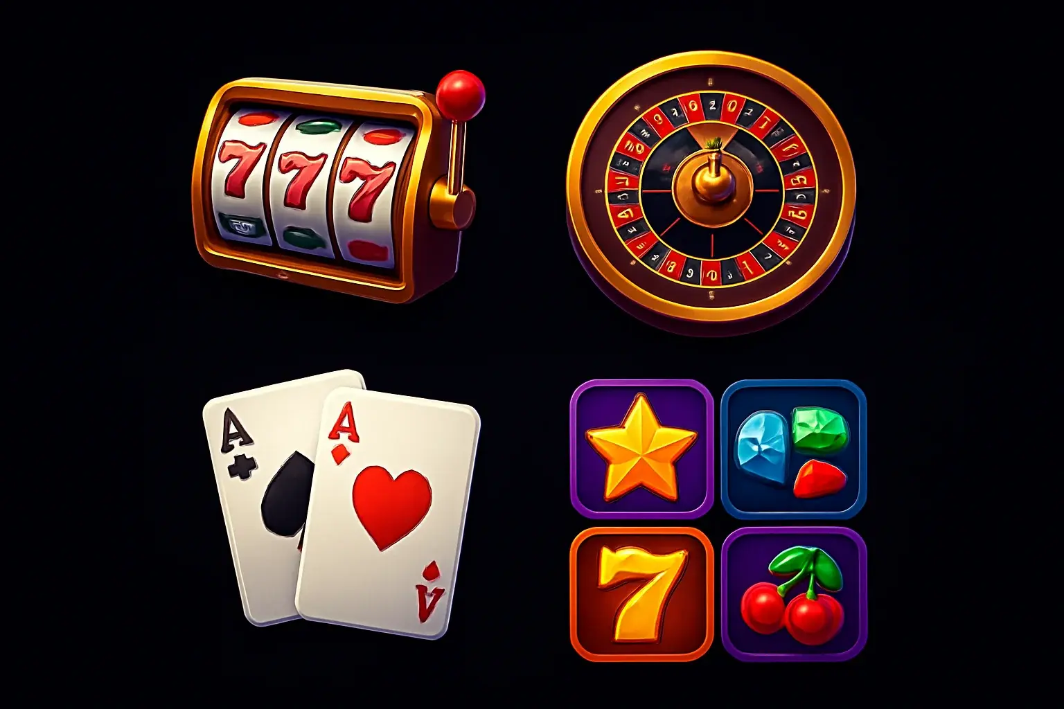 Popular casino game icons with slots, roulette, cards on dark background