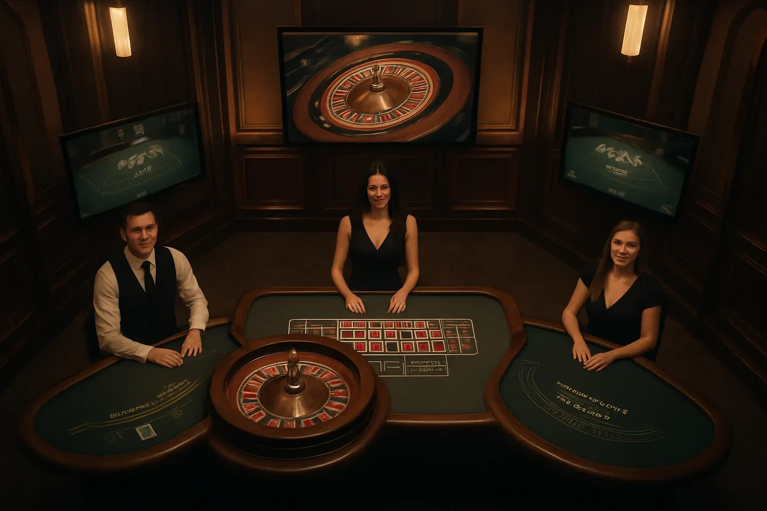 Elegant live casino studio with professional dealers and roulette blackjack screens