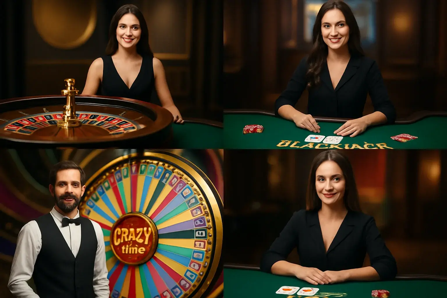 Colorful live casino game cards with roulette, blackjack, Crazy Time, dealer