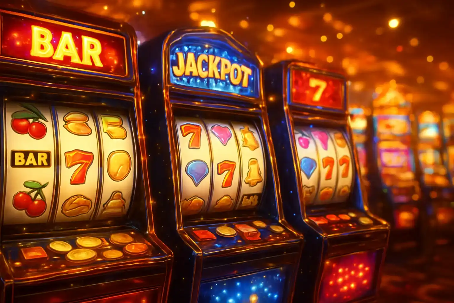 Colorful casino slot machines collage with reels, coins, diamonds, and 7s