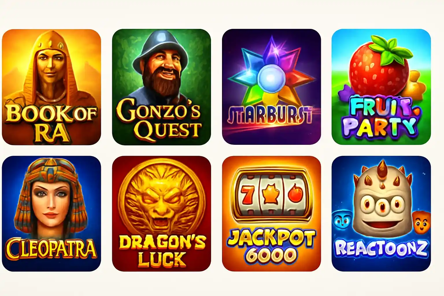 Grid of colorful slot game thumbnails with Egypt, fantasy, fruit, sci-fi themes